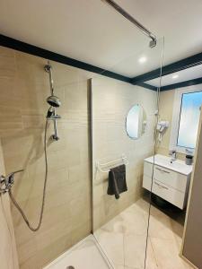 uma casa de banho com um chuveiro e um lavatório. em Le Chalet de Louise 7 places em Taradeau