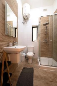 La salle de bains est pourvue de toilettes, d'un lavabo et d'une douche. dans l'établissement Cozy 3 Bedrooms - Near Sliema Seafront, à Sliema