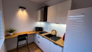 a small kitchen with white cabinets and a sink at Apartament Lublin Centrum "Ice Cat" FREE PARKING in Lublin