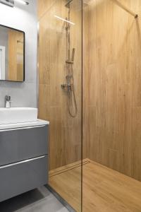 a bathroom with a shower and a sink at HOUSEHOST Apartments: Miodowa 42/12b Street in Krakow