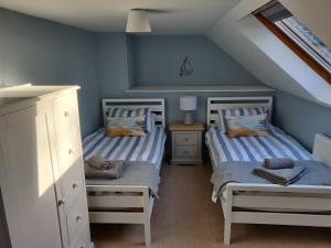 2 Einzelbetten in einem Schlafzimmer mit blauen Wänden in der Unterkunft Weavers Cottage in Haverfordwest