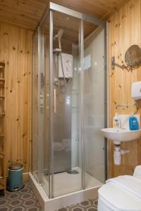 um chuveiro na casa de banho com um WC e um lavatório em The Eco Cabin - Romantic & Cosy em Brighton & Hove