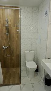 een badkamer met een douche, een toilet en een wastafel bij Апартамент Бийч Вю Обзор - Apartment Beach View Obzor in Obzor
