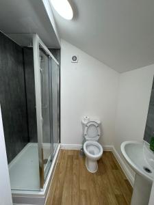 a bathroom with a toilet and a shower and a sink at Vic Vic property in Oldham