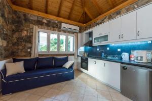 un salon avec un canapé bleu dans une cuisine dans l'établissement Villa Needa's - Home Love Retreat by the Pool, à Kalamata