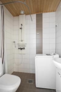 a bathroom with a shower and a toilet and a sink at Kotimaailma Apartments Kamppi - spacious 1BR in Helsinki