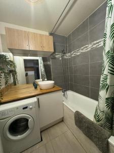 een badkamer met een wasmachine en een bad bij Le cocon du stade de France in Saint-Denis