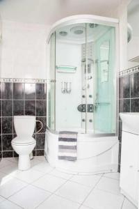 a bathroom with a toilet and a glass shower at Ellie's Farmhouse in Ard Fhearta