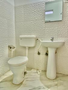 a bathroom with a toilet and a sink at Hotel Sova's Inn in Birātnagar