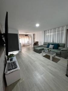 a living room with a couch and a flat screen tv at Piso acogedor céntrico in Albacete