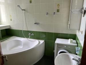 ein Badezimmer mit einer Badewanne, einem Waschbecken und einer Waschmaschine in der Unterkunft Апартаменти 3-кімнатні, м. Майдан Незалежності in Kiew