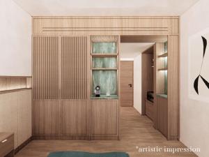 a living room with wooden cabinets and a window at Kontokali Bay Resort & Spa in Kontokali