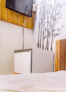 einen TV an einer Wand neben einem Bett in der Unterkunft Paradise Camp in Monte das Gameleiras