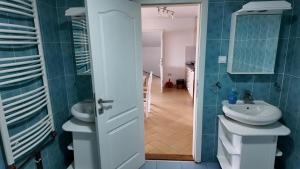 Un baño con lavabo, inodoro y espejo. en Vila Odmor na Dunavu, en Beočin 37 fotos más