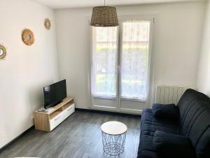 a living room with a couch and a tv at T2 jardinet, accès direct plage in Cabourg