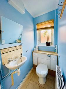 Baño azul con lavabo y aseo en Tanglewood Close, 3 Bedroom house, Abergavenny with private parking,, en Abergavenny