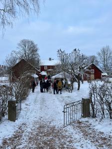 a group of people walking in the snow with umbrellas at Egen lägenhet i charmig miljö i Linköping V in Vikingstad