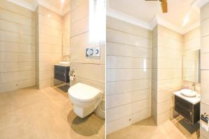 two pictures of a bathroom with a toilet and a sink at FabHotel K9 Inn in Ludhiana