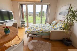 Sjónvarps- og/eða afþreyingartæki á Tiny House Chez Claudine - Relaxen, Workspace, Nähe Thermen, Netflix, free Parking & Wifi