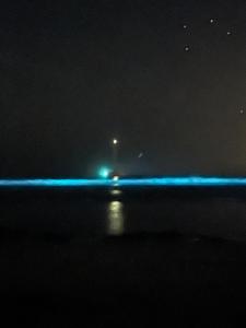 a view of the ocean at night with blue lights at Casa das Sereas in Laxe