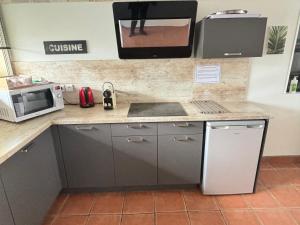 eine Küche mit einer Theke, einer Mikrowelle und einem Herd in der Unterkunft appart central et son parking privatif gratuit in Collioure
