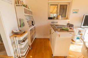 Cette chambre comprend une petite cuisine avec un réfrigérateur blanc. dans l'établissement Tiny House Chez Claudine with Garden, Workspace, Netflix, free Parking & Wifi, à Brugg