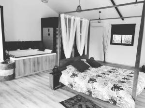um quarto com uma cama e uma banheira em L’atelier spa em Codognan