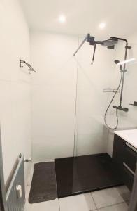 une douche avec une porte vitrée dans une salle de bain dans l'établissement Studio met zeezicht, à Blankenberge 6 autres photos