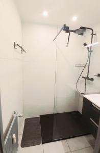 ブランケンベルヘにあるStudio met zeezichtのバスルーム(ガラスドア付きのシャワー付)