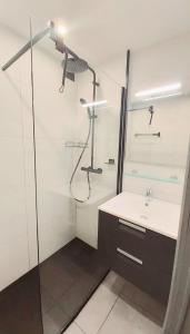 une salle de bain avec douche et lavabo dans l'établissement Studio met zeezicht, à Blankenberge