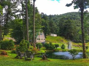 un jardín con un estanque y una casa en el fondo en LUXURY!! Hot Tub, Pool Table, River & Petting zoo?, en Sugar Grove