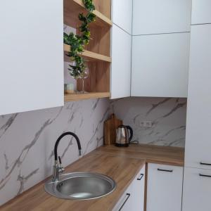 a kitchen with a sink and white cabinets at ZARA Apartman Živinice in Živinice