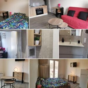 un collage di foto di una camera da letto e di un soggiorno di le cosy du beau lieu immozen 46 a Beaulieu-sur-Dordogne