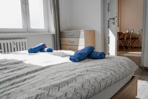 a bedroom with a bed with blue pillows on it at Apartmán u Martina in Žilina