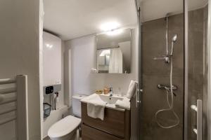 y baño con ducha, aseo y lavamanos. en Nouveau studio tout équipé Charbonnières les Bains, en Charbonnières-les-Bains