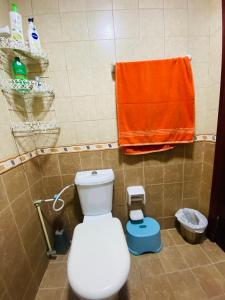 a bathroom with a toilet and an orange towel at Serene Nest in Umm Al Quwain