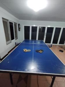 a ping pong table with two ping pong paddles on it at Vila Princess,Sentul 4br, private pool, tenis meja, mini billiard, Home theater Karaoke, Ayunan besar,BBQ, 08satu3 80satu6 4satu5satu in Bogor