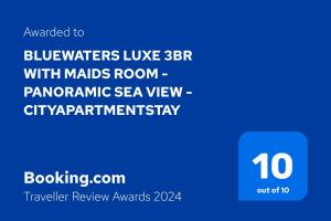 Una señal azul con el número. en Bluewaters Luxe 3BR with maids room - Panoramic Sea View - CityApartmentStay, en Dubái