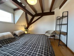 um quarto com uma cama de xadrez azul e branco em Petite Etoile Cozy House em Marlenheim