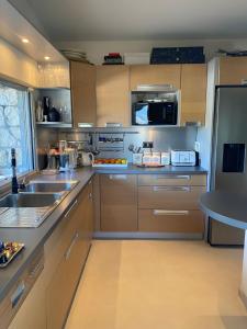 a kitchen with stainless steel appliances and a sink at Villa Galateias, un coin de Paradis, superbe vue avec piscine in Cannes