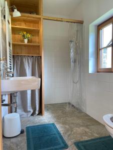 a bathroom with a shower and a sink at Klösterle Haus Egon in Arriach