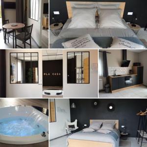 a collage of pictures of a bedroom and a tub at La Casa du Dolmen Clara, balnéo privée, entre terre et mer in Plounévez-Lochrist +37 photos