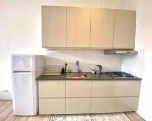a white kitchen with a sink and a refrigerator at Monumental Studio, City Centre Dordrecht in Dordrecht