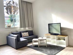a living room with a couch and a tv at Monumental Studio, City Centre Dordrecht in Dordrecht