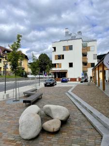 ジェレズナー・ルダにあるApartmán “U nás v podkroví“ v Rezidenci Klostermann, Železná Ruda 24の煉瓦造りの歩道に三大岩を配した建物