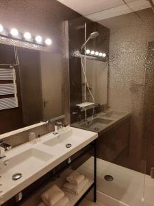 uma casa de banho com um lavatório, um chuveiro e um espelho. em Hôtel de France em Toulouse