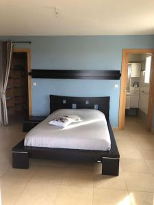 Bett in einem Schlafzimmer mit blauer Wand in der Unterkunft Maison climatisée piscine salle de sport 8/9 pers. in Monteux