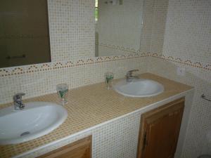 uma casa de banho com 2 lavatórios e um espelho em Villa Fleury Appartement em Montbrun-les-Bains