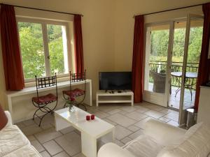 uma sala de estar com um sofá e uma televisão em Villa Fleury Appartement em Montbrun-les-Bains