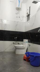 a bathroom with a sink and a toilet and a bucket at Hotel Kadamb, Palwal in Palwal